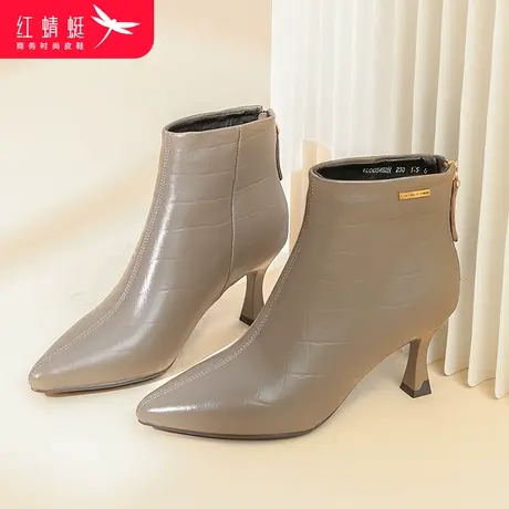 红蜻蜓短靴女2023冬季真皮尖头高跟时装靴加绒保暖女士细跟短筒靴商品大图