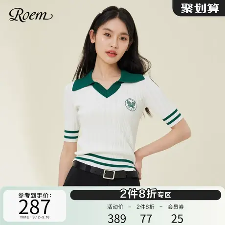 ROEM商场同款学院风少女短袖毛针织衫2023春夏新款修身polo领上衣图片