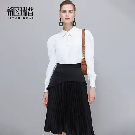 希区瑞普宽肩廓形衬衫女2023新款秋冬通勤修身法式翻领泡泡袖衬衣商品大图