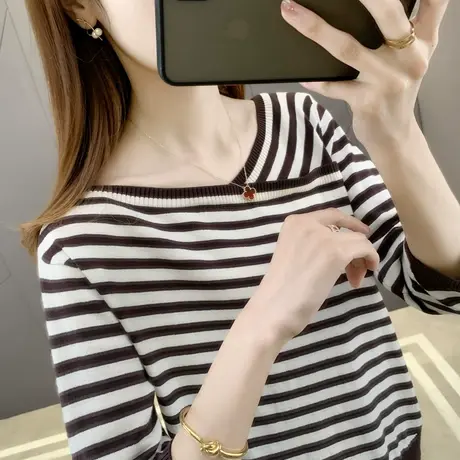 七分袖薄针织衫女2023春装一字领条纹冰丝打底衫短袖t恤女宽松女商品大图