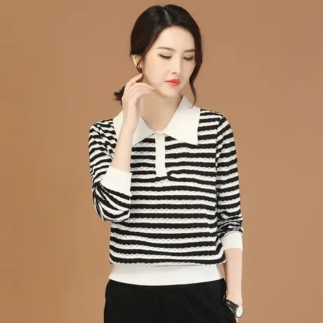 韩潮袭人POLO领条纹长袖针织衫上衣女2023秋季新款休闲打底衫毛衣商品大图