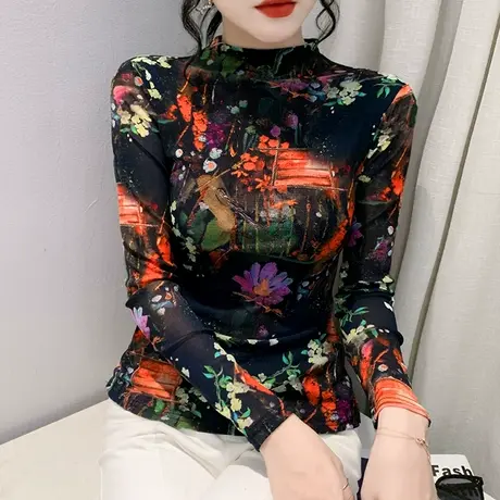 复古印花漂亮打底衫女春秋半高领洋气上衣妈妈装显瘦网纱长袖T恤图片