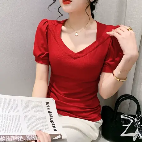 时尚V领泡泡袖T恤女短袖纯色简约百搭上衣网红个性半袖修身小衫夏图片