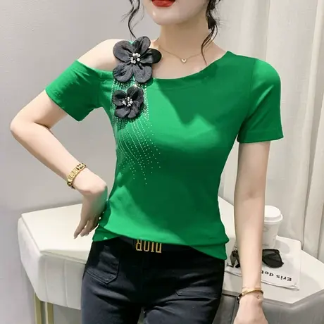 性感露肩短袖T恤女2023夏季新款设计感洋气修身上衣时尚烫钻小衫商品大图