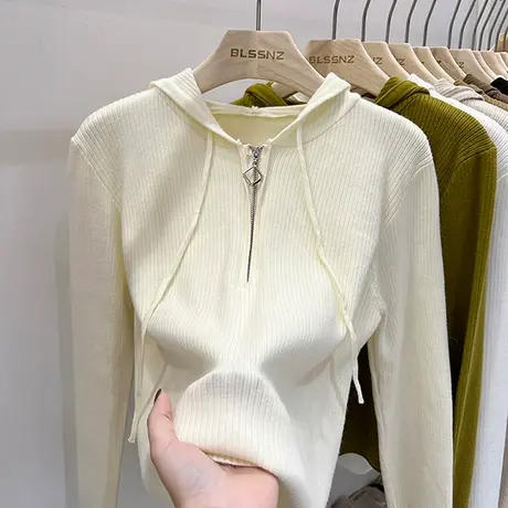 设计感小众连帽针织衫女秋冬纯色百搭洋气卫衣显瘦气质打底上衣潮图片
