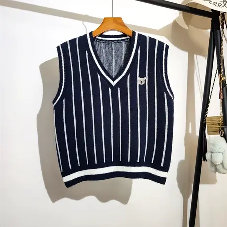 学院风针织马甲背心女新款春秋叠穿宽松v领竖条纹无袖毛衣坎肩潮图片