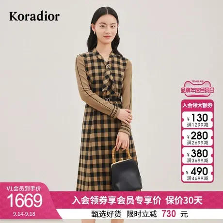 珂莱蒂尔美拉德撞色格纹小众设计感羊毛长袖连衣裙图片