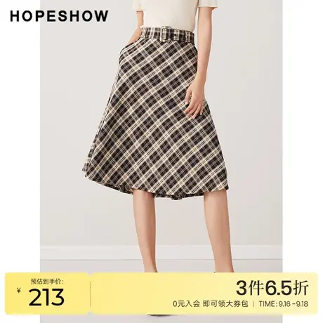 红袖outlets格纹半身裙hopeshow2023秋季新款女系带宽松显瘦中裙图片