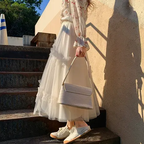 纱裙女梦幻半身裙春秋新款2022小个子蓬蓬白色超仙女中长款网纱裙图片