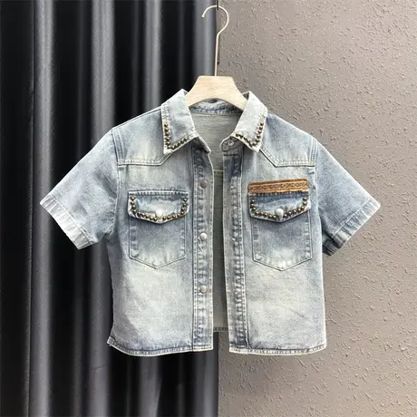 2023夏季新款时尚短袖牛仔短上衣女欧货洋气宽松显瘦复古衬衫外套图片