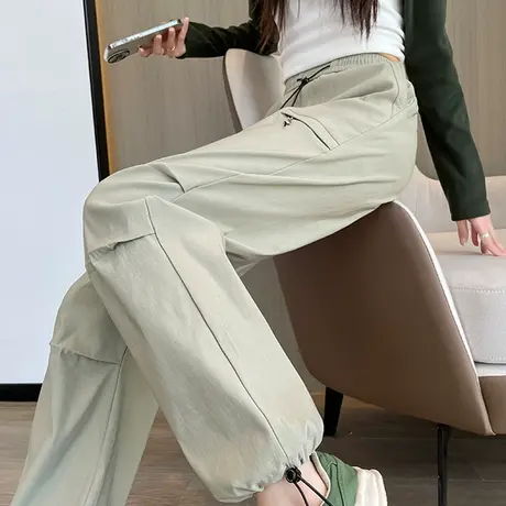 美式复古工装裤女春秋2023新款高腰阔腿登山裤加长高个子降落伞裤商品大图