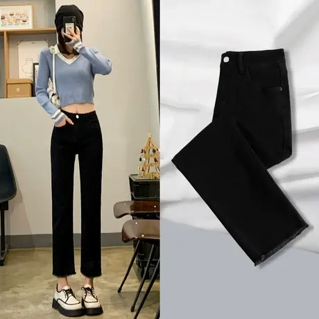 黑色直筒牛仔裤女夏2023年新款春秋高腰显瘦小个子八分九分烟管裤商品大图