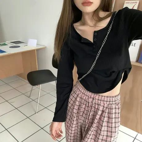 纯棉长袖T恤女早秋修身高腰辣妹短款不规则设计感小众别致上衣ins图片