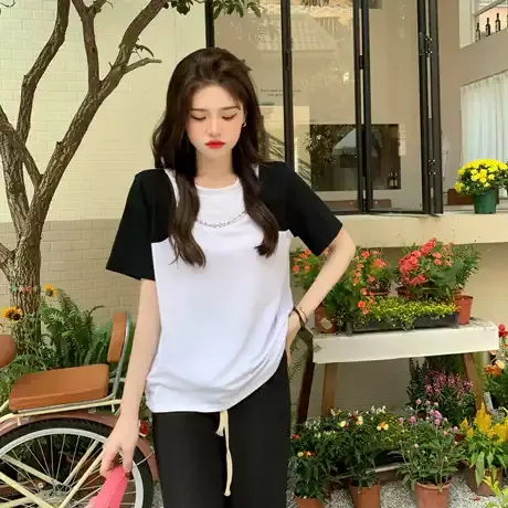 高腰短款t恤女夏季紧身显瘦短袖设计感小众纯欲白色体恤链条上衣图片