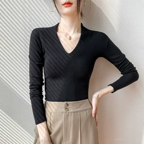 V领长袖上衣女士2023早春新款洋气修身显瘦纯色西装内搭打底衫T恤图片