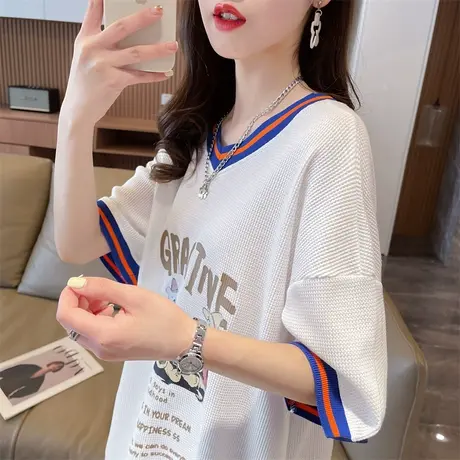 小众设计感短袖t恤女夏装韩版宽松大码中长款撞色v领华夫格上衣服图片