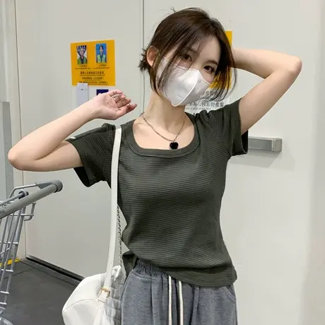 华夫格正肩短袖t恤女夏季设计感小众显瘦修身小个子短款甜辣上衣商品大图