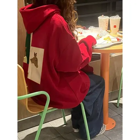红色连帽卫衣女秋冬加绒加厚潮牌oversize慵懒风宽松美式复古外套图片