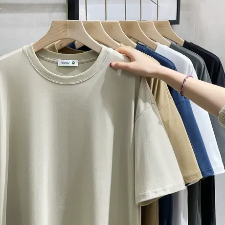 重磅260G圆领新疆棉夏季打底男白色短袖T恤宽松纯棉美式潮流打底商品大图