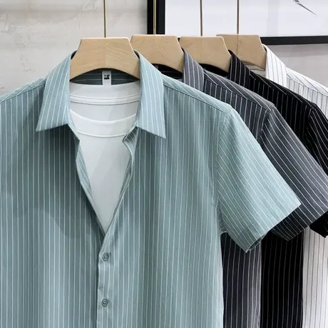 条纹男士短袖衬衫高端商务2023新款夏季休闲修身免烫冰丝男式衬衣商品大图