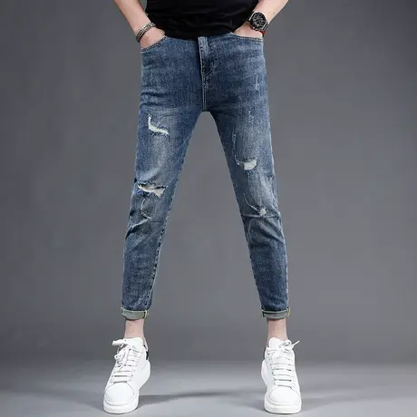 痞帅破洞九分牛仔裤男修身小脚夏季薄款蓝色2023新款弹力男生裤子商品大图
