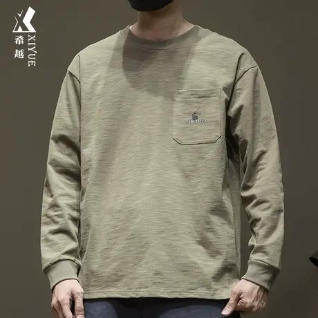 希越沙漠色口袋长袖t恤男竹节棉280g重磅2023秋冬新款打底卫衣潮商品大图