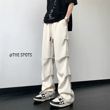 美式高街降落伞兵冰丝裤子男夏季薄款褶皱堆积设计感潮牌休闲长裤商品大图