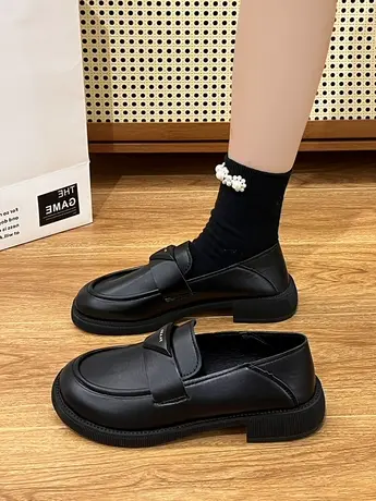 厚底乐福鞋女英伦风2023年春秋新款平底浅口单鞋一脚蹬黑色小皮鞋商品大图