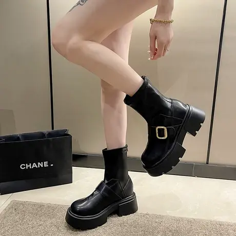复古粗跟气质瘦瘦靴短靴女2023秋季新款后拉链皮带扣显腿长马丁靴图片
