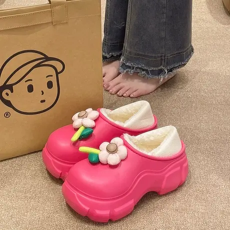 高跟棉拖鞋女冬季可爱花朵厚底室内外穿加绒保暖防水防滑包跟棉鞋商品大图