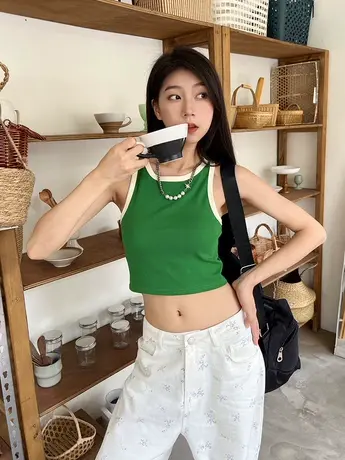 美式复古撞色圆领背心女夏季外穿内搭短款露脐美背无袖打底衫上衣图片