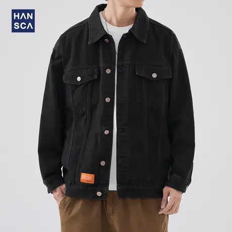 hansca美式复古黑色牛仔外套男士宽松大码痞帅工装夹克秋冬款上衣图片