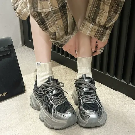 厚底增高老爹鞋女款2024春季新款网红银色显脚小休闲运动鞋女鞋子商品大图