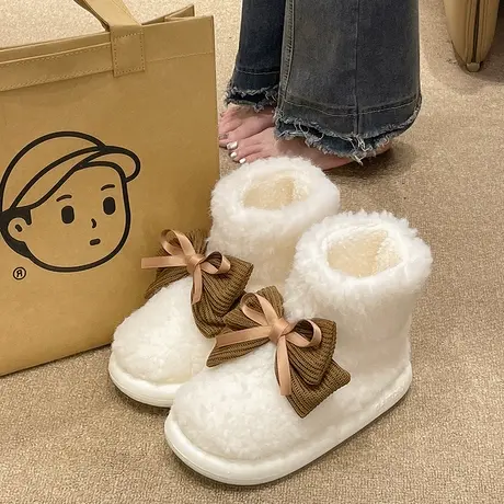 棉鞋女冬季外穿羊羔毛加绒加厚保暖时尚蝴蝶结防滑厚底短筒雪地靴商品大图