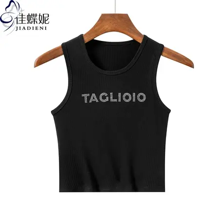 夏季新款圆领修身短款纯欲辣妹性感纯棉字母烫钻背心上衣女装打底图片