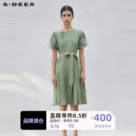 sdeer圣迪奥女装风琴褶收腰网纱泡泡袖连衣裙S232Z12UB图片