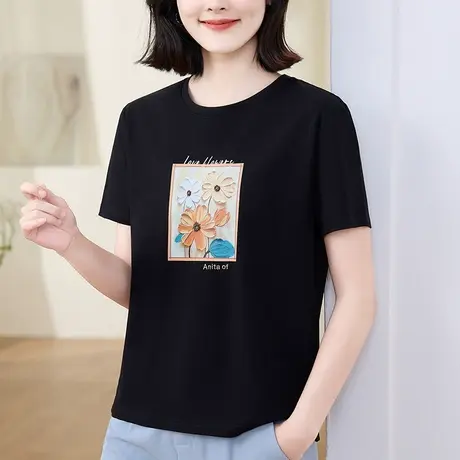 夏季精美时尚刺绣纯棉短袖T恤大码宽松版型中年潮流圆领衬衫女装图片