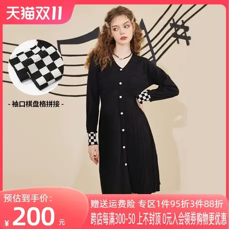 妖精的口袋黑色长袖连衣裙女2022秋季新款v领修身收腰显瘦裙子潮商品大图