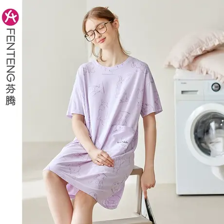芬腾纯棉睡裙女睡衣夏薄款透气可爱卡通中长裙韩版少女全棉家居服商品大图