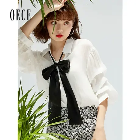 Oece2022夏季新款女装设计感上衣蝴蝶结灯笼袖白女士衬衫气质衬衣图片