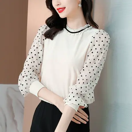 圆领女打底衫女装春秋季2023年新款长袖上衣小衫拼接褶皱雪纺衬衫商品大图