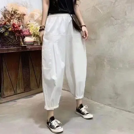2023年夏季新款时尚宽松高腰休闲哈伦裤女薄款松紧腰显瘦九分裤潮商品大图