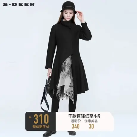 sdeer圣迪奥冬季时尚立领不规则拼接长款千金毛呢大衣女S20481826图片
