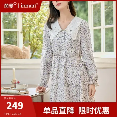 茵曼旗舰店法式碎花翻领连衣裙女2024春季新款长袖气质显瘦中长裙图片