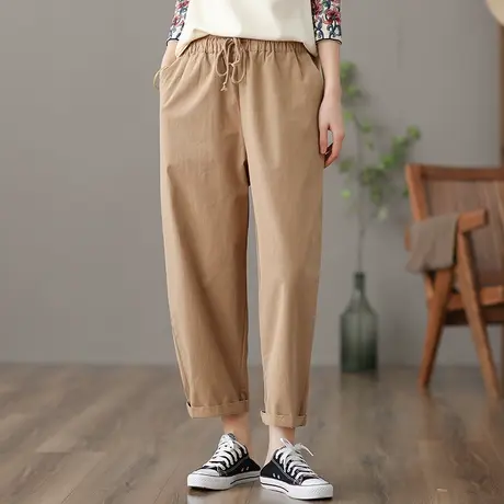 dza 高腰显瘦系绳工装裤子女士春秋新款百搭直筒哈伦裤宽松阔腿裤图片