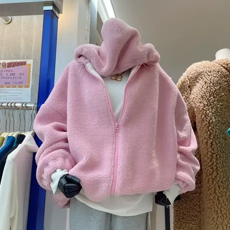 韩国东大门秋冬新款宽松百搭洋气纯色拉裢连帽毛毛加厚外套女商品大图