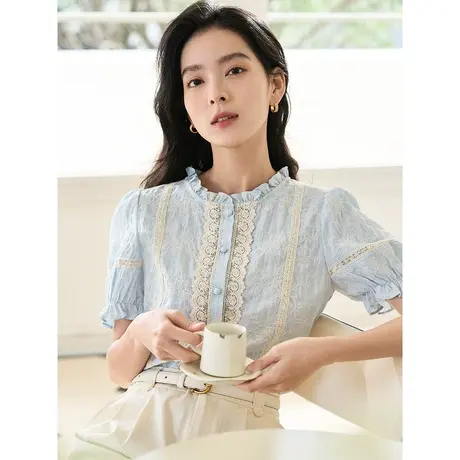 茵曼2023夏季女装新款法式流行别致泡泡袖花边圆领刺绣衬衫衬衣商品大图
