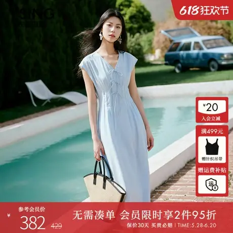 衣香丽影蓝色压褶收腰连衣裙女2025年夏装新款遮肉显瘦法式茶歇裙图片