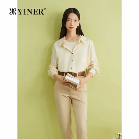 YINER音儿春季法式优雅高织长绒棉假两件上衣本白色衬衫商品大图