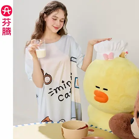 芬腾睡裙女款夏季冰丝短袖睡衣裙可爱布朗熊凉感薄款家居服连衣裙图片